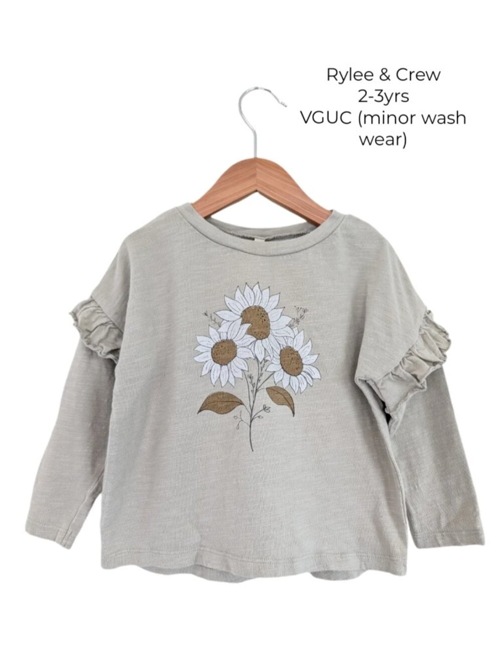 Rylee & Crew Sunflower Sage Green Long Sleeve Shirt with Shoulder Ruffles 2-3yrs